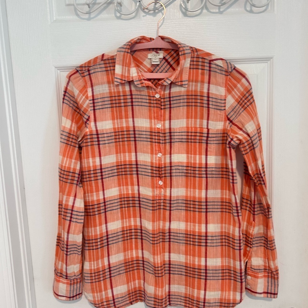 J. Crew Orange and Navy Plaid Cotton Long Sleeve Shirt Size XXS